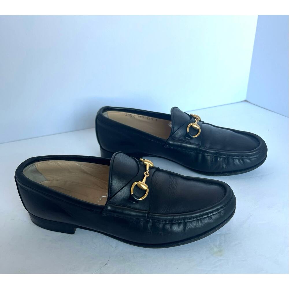 Authentic Gucci Black Leather Brixton Gold Horsebit Slip On Loafer Shoes Sz 6.5 - Picture 2 of 12